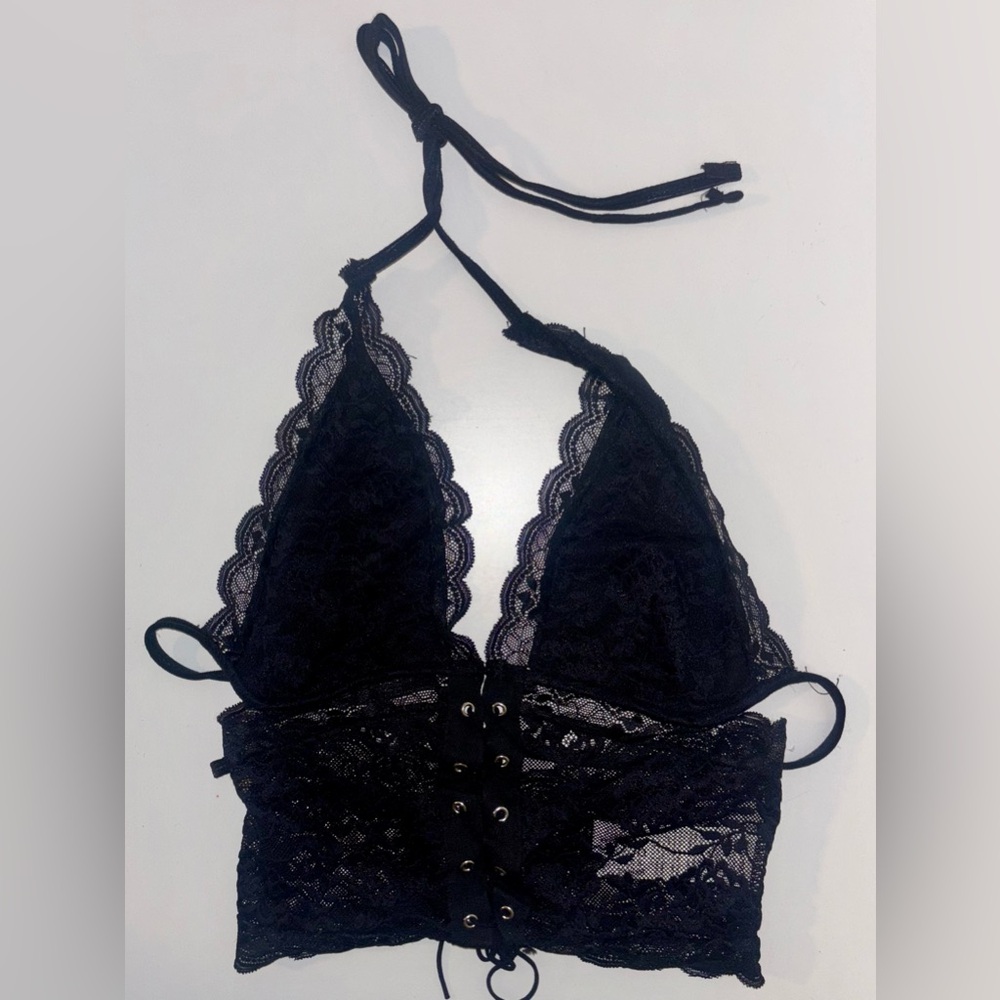 NWT Black Lace Corset Small Lingerie Bralette Top Lace Up Bustier Halter Cropped